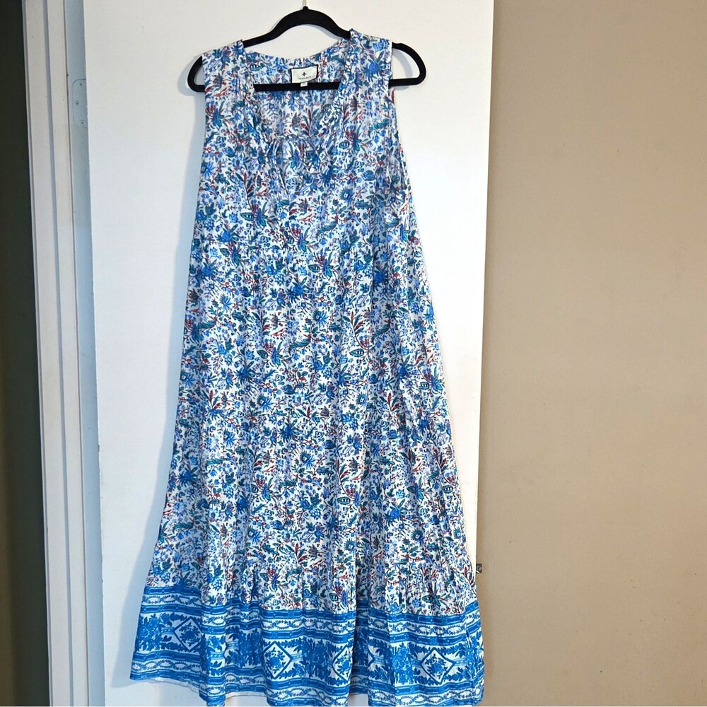 Tuckernuck Blue/White Floral A-Line Midi Dress Round Neck Sleeveless Cotton XL
